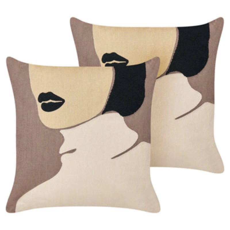Image of Beliani Set Of 2 Decorative Cushions Silphium Cotton 45 X 45cm Brown Abstract Pattern
