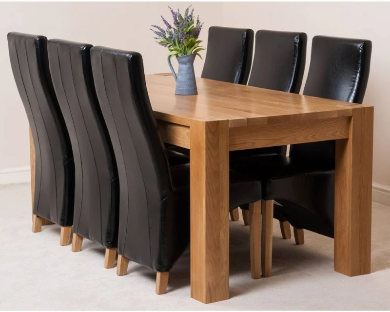 Image of Thats Furniture Kuba 180 x 90cm Chunky Oak Dining Table & 6 Lola Leather Chairs in Black Unisex 180 x 90 cm
