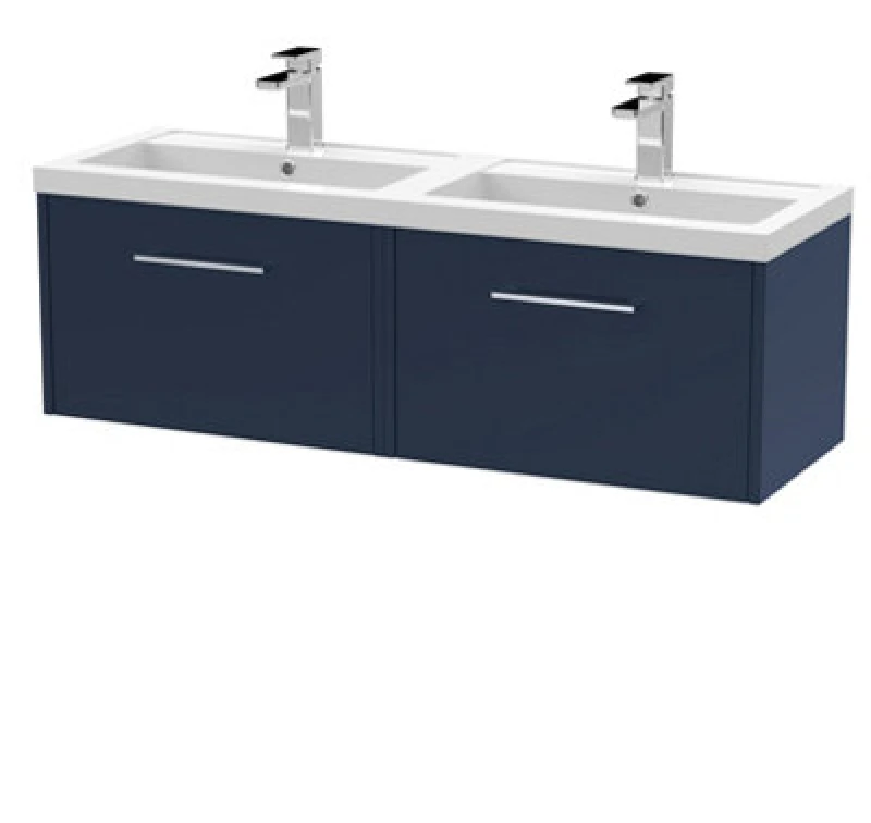 Image of Hudson Reed Juno 1200mm Midnight Blue Wall Hung 2-Drawer Vanity Unit With Double 2 Tap Hole Basin-Midnight Blue