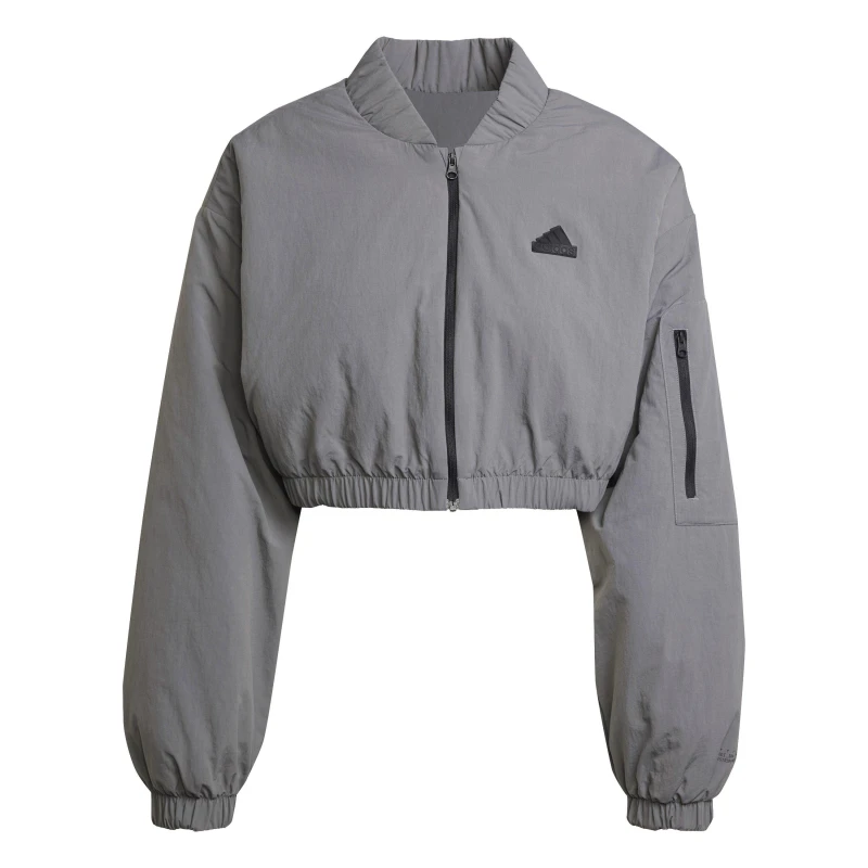 Image of adidas Womens City Escape Padded Cropped Bomber Jacket Grey Four female 10 (S)