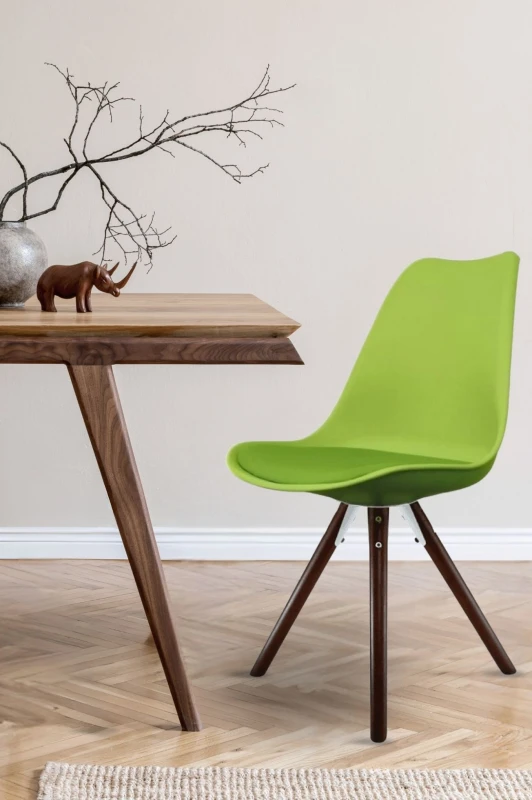Image of Fusion Living Soho Plastic Dining Chair With Pyramid Dark Wood Legs Green FL2358