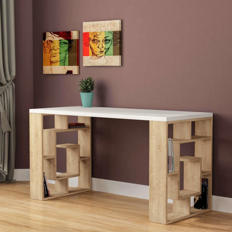 Image of DECORTIE Decortie - Labirent Modern Desk With Bookshelf Legs - White / Oak - Oak M.MS.11181.23