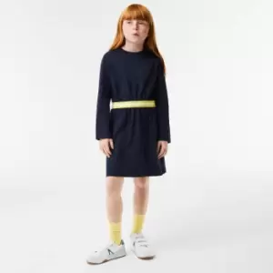 Image of Girls' Lacoste Contrast Waist Cotton Jersey Dress Size 5 yrs Navy Blue