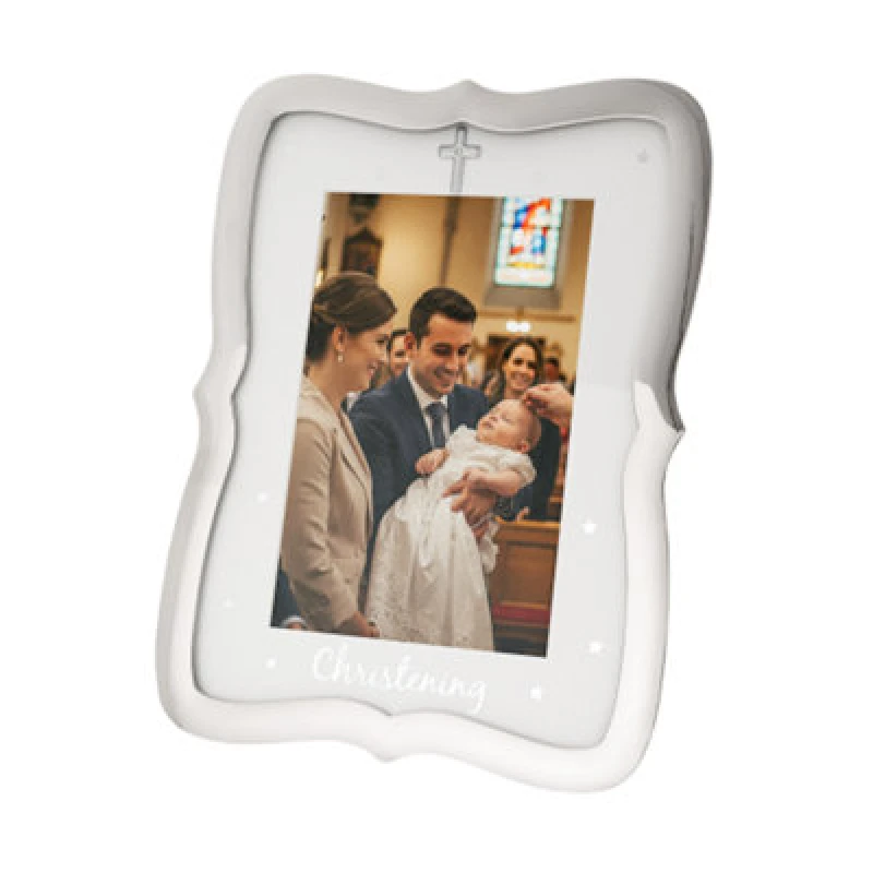 Image of Happy Homewares Christening Picture Frame Nickel Plated With Diamante Cross And Stars