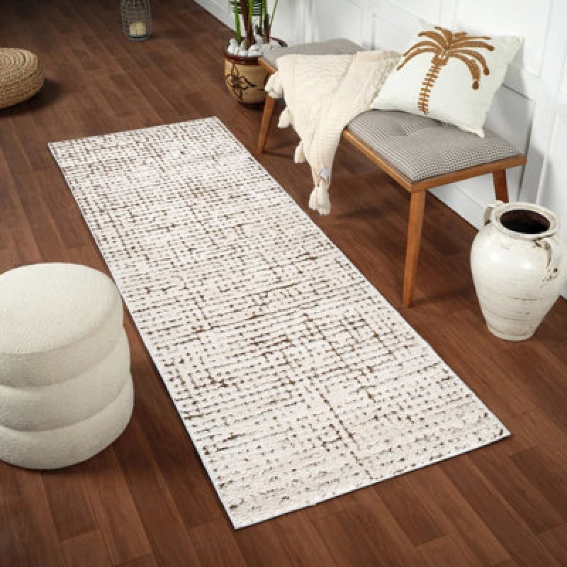 Image of Our Pnw Home X Livabliss Scandi High Pile Ivory/brown Cascade Runner Rug 80 X 220 Cm - Easy Care, Ideal For Hallway