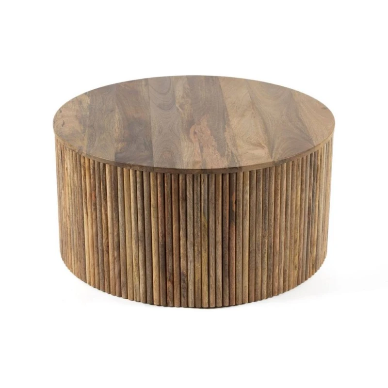 Image of Jaipur Furniture Ltd Ribbed Round Coffee Table - Mango Wood - L80xW80xH40cm - Light Finish in Brown Brown Unisex