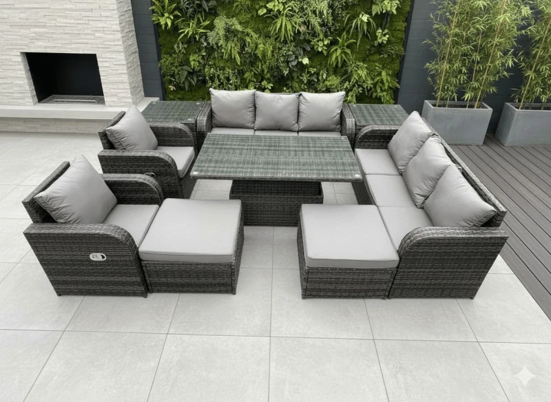 Image of Fimous Rattan Outdoor Garden Furniture Sets Rising lifting Dining Table Reclining Chair Sofa Set with 2 Side Tables 2 Big Footstools Dark Grey