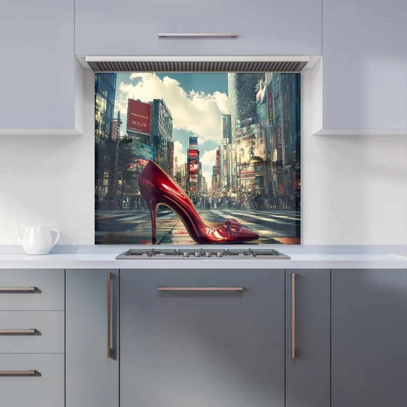 Image of Warren Reed - Designer Red Stiletto in Urban Crosswalk Kitchen Splashback Size: 900mm x 650mm Multicolor Unisex 900mm x 650mm