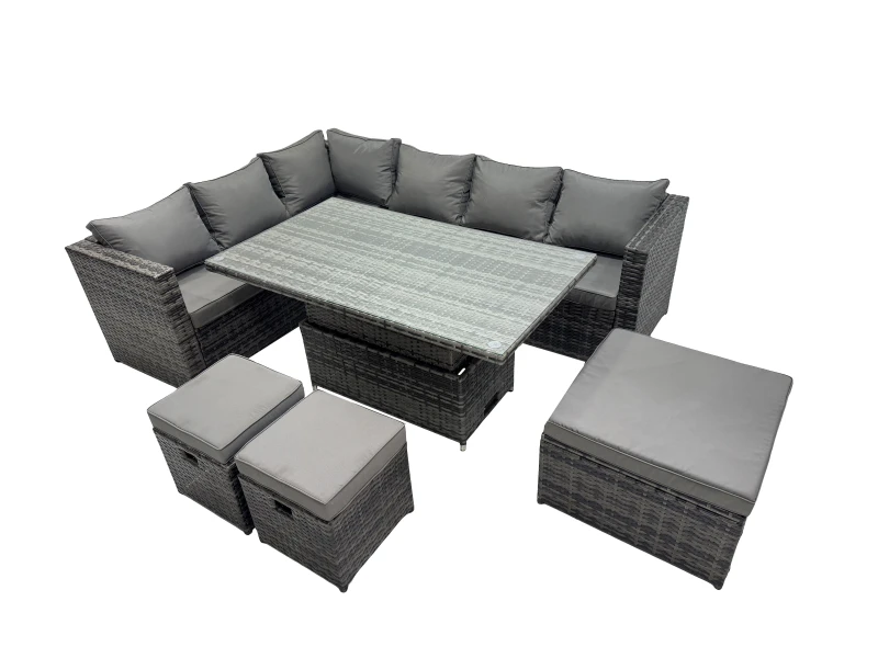 Image of Fimous 9-seater Rattan Garden Furniture Dining Set with 3 Stools in Dark Grey Dark Grey Unisex