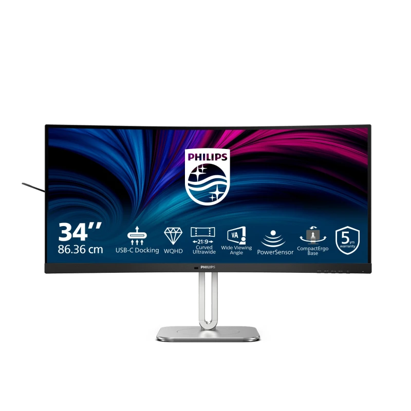 Image of Philips 5000 Series 34B2U5600C/00 34" WQHD Curved Monitor, 120Hz, 4ms, 34" 3440 x 1440 W-LED VA, USB-C, HDMI, DisplayPort, Height Adjustab