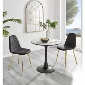 Image of Furniturebox UK - Furniturebox Elina White Marble Effect Modern 80cm Round Dining Table & 2 Black Corona Faux Leather Dining Chairs with Gold Legs