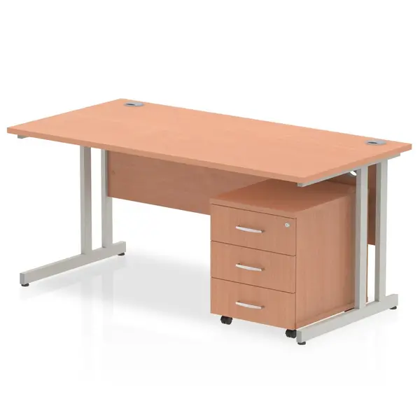 Image of Impulse 1400 Straight Cantilever Workstation 500 Three drawer mobile Pedestal Bundle Beech
