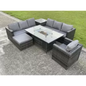 Image of Fimous 7 Seater Outdoor Dark Grey Rattan Lounge Complete Sofa Set with Gas Fire Pit Table, Heater, Side Table and Big Footstool