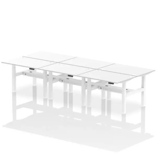 Image of Air Air Back-to-Back 1200 x 800mm Height Adjustable 6 Person Bench Desk White Top with Cable Ports White Frame HASCP6P12800WHTW