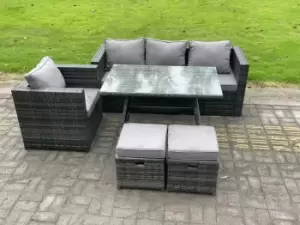Image of Fimous 4 Seater Outdoor Dark Grey Rattan Lounge Complete Sofa Set with Oblong Dining Table and 2 Stools