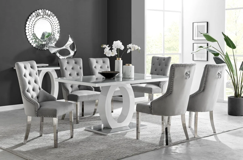 Image of FurnitureboxUK FurnitureboxUK Giovani 6-Seater Grey Glass Dining Table and 6 Belgravia Velvet Dining Chairs Grey One Size Unisex 5056542650819