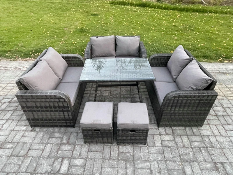 Image of Fimous Outdoor Rattan Garden Furniture Set 8 Seater Patio Love Sofa Set with Rectangular Dining Table 2 Small Footstool Dark Grey Mixed Dark Grey