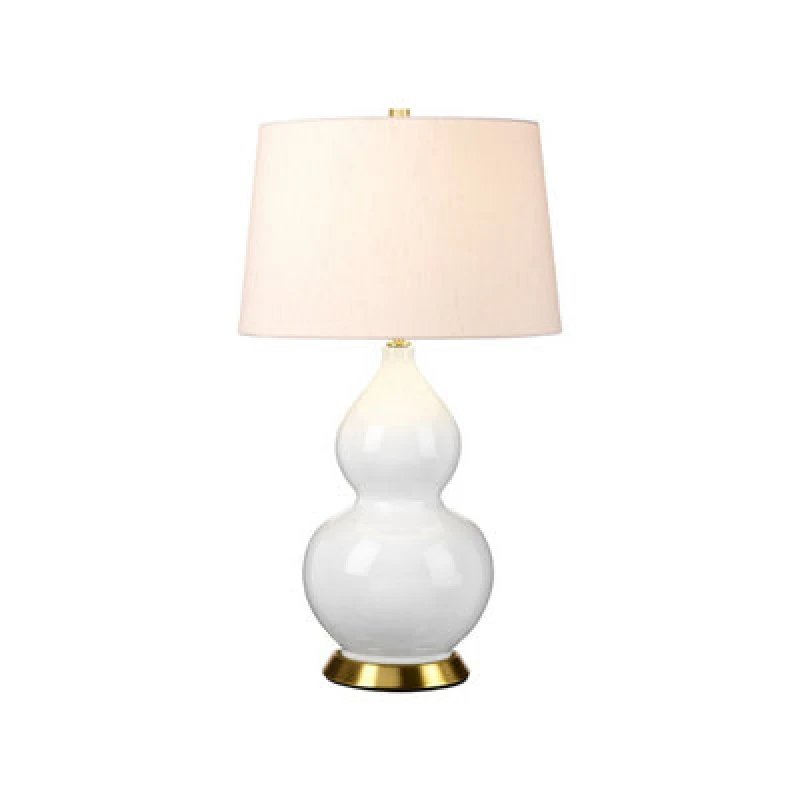 Image of Isla Table Lamp with Round Tapered Shade, Aged Brass, White, Pink