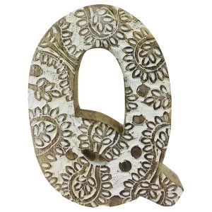 Image of Letter Q Hand Carved Wooden White Flower