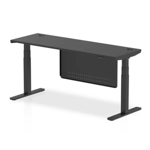 Image of Air Black Series 1800 x 600mm Height Adjustable Desk Black Top with Cable Ports Black Leg With Black Steel Modesty Panel