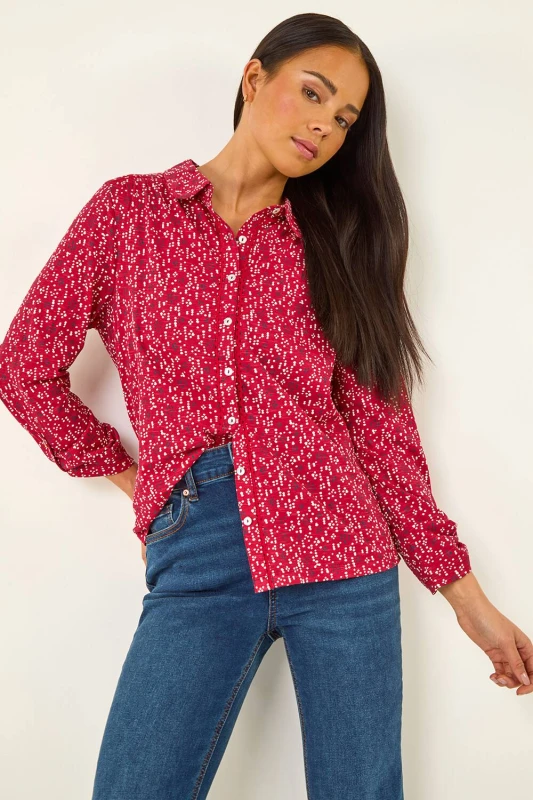 Image of Roman Womens Petite Abstract Spot Stretch Shirt in Red Size: 14 Red Female 14