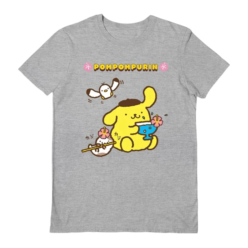 Image of Sanrio Mens Pompompurin Drinks T-Shirt in Grey Size: Small Grey Male S