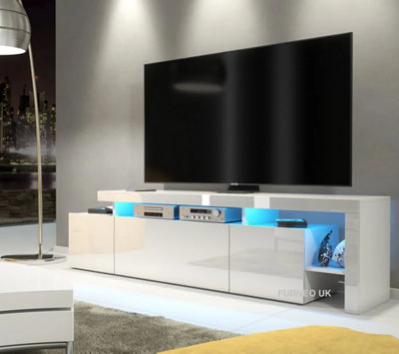 Image of Furneo White TV Stand 186Cm Unit Matt & High Gloss Indisio 01 Blue LED Lights