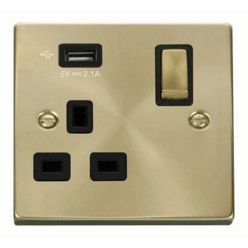 Image of SE Home Satin / Brushed Brass 1 Gang 13A DP Ingot 1 USB Switched Plug Socket Gold