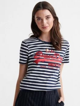 Image of Superdry Vintage Logo Satin Stripe T-Shirt, Navy, Size 6, Women