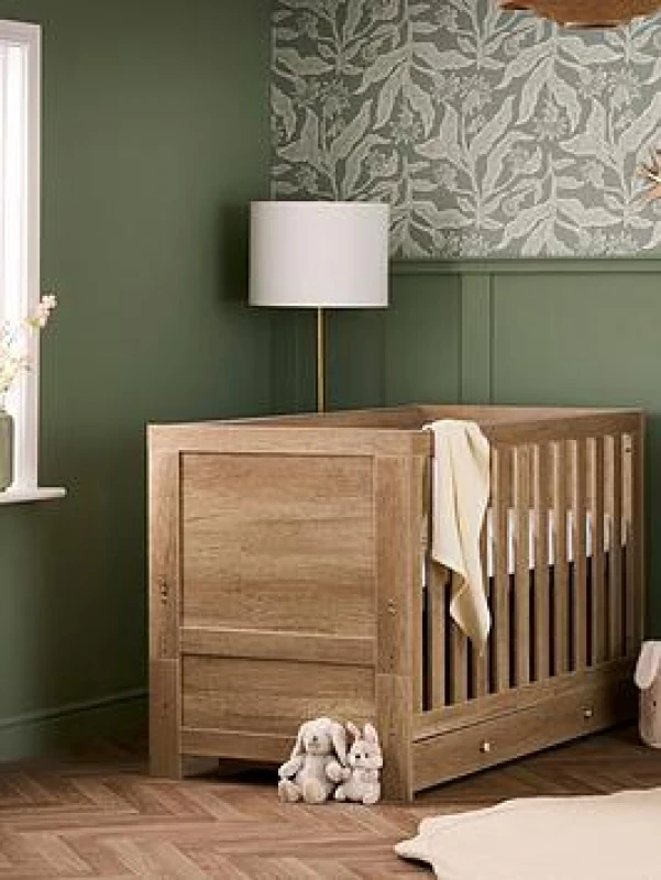 Image of Obaby Nika Cot Bed & Under Drawer - Oak, Brown 21OB1008UD