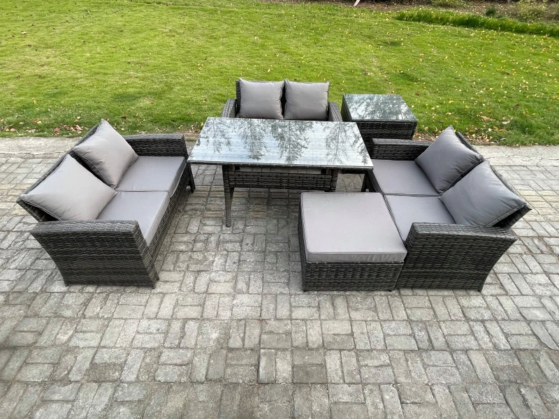 Image of Fimous 7 Seater Rattan Wicker Garden Furniture Patio Conservatory Sofa Set Indoor Outdoor with Dining Table Big Footstool in Dark Grey Dark Grey Unise