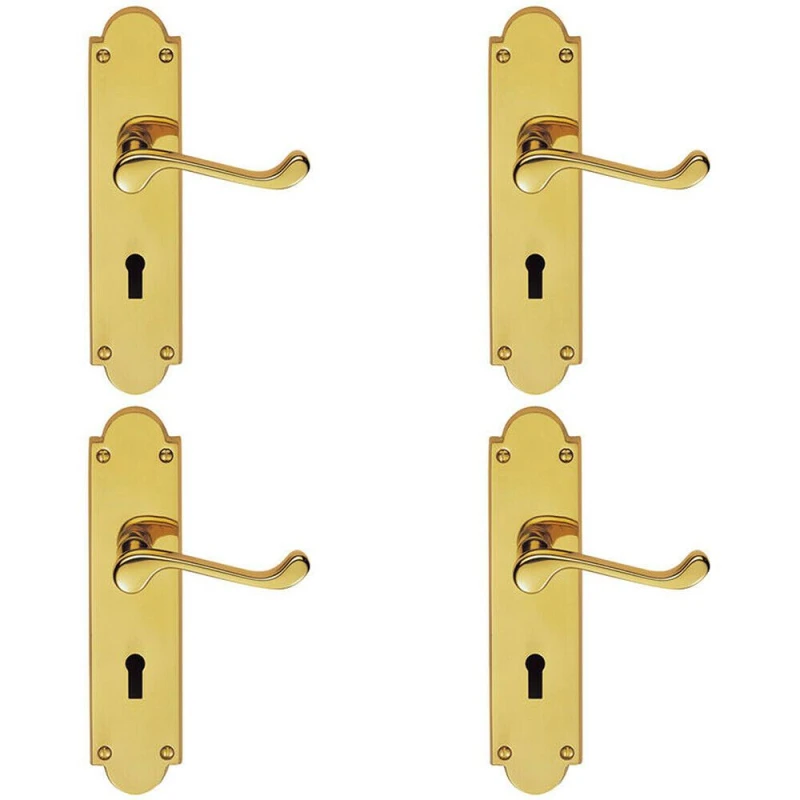Image of Loops 4x PAIR Victorian Scroll Handle on Lock Backplate 205 x 49mm Polished Brass Metallics