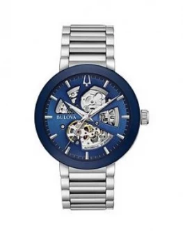 Image of Bulova Blue Sunray Automatic Skeleton Eye Dial Stainless Steel Bracelet Mens Watch