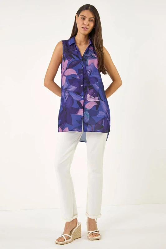 Image of Roman Womens Floral Print Longline Blouse in Purple Size: 18 Purple Female 18