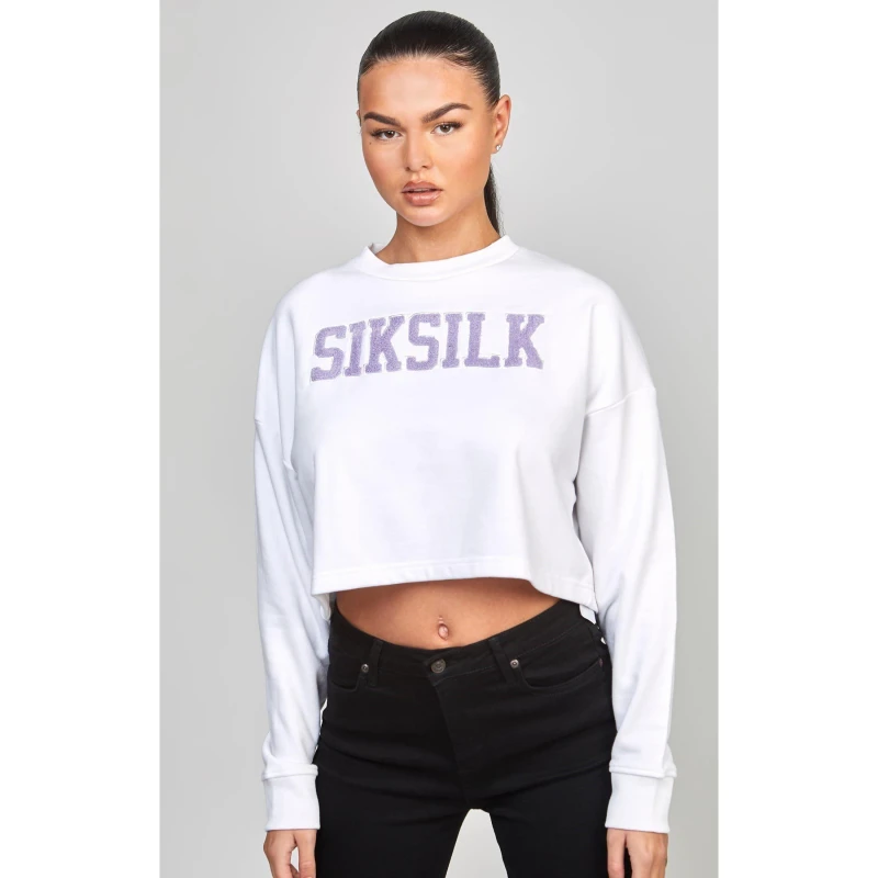 Image of SikSilk Cropped Varsity Sweatshirt - White White 8
