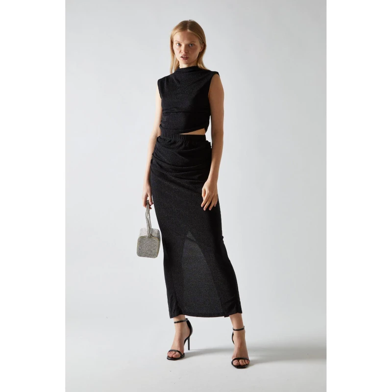 Image of Glamorous Black-Glitter Ruched Midaxi-Skirt Black female 8 (XS)