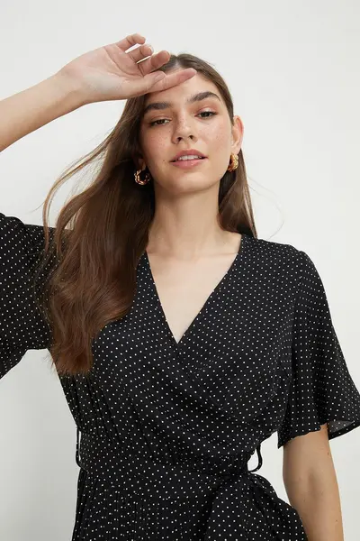 Image of Dorothy Perkins Spot Pleated Wrap Midi Dress Mono
