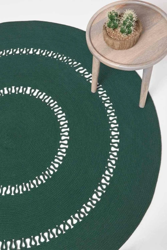 Image of Homescapes Crochet Braided Round Rug in Green Size: 120cm diameter Green Unisex 120cm diameter