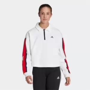 Image of adidas Essentials Pinstripe Block Fleece Rugby Sweatshirt - White / Legend Ink / Vivid Red