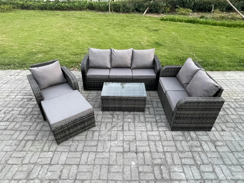 Image of Fimous Patio Garden Furniture Sets Wicker 7 Seater Outdoor Rattan Furniture Sofa Sets with Rectangular Coffee Table Reclining Chair Dark Grey