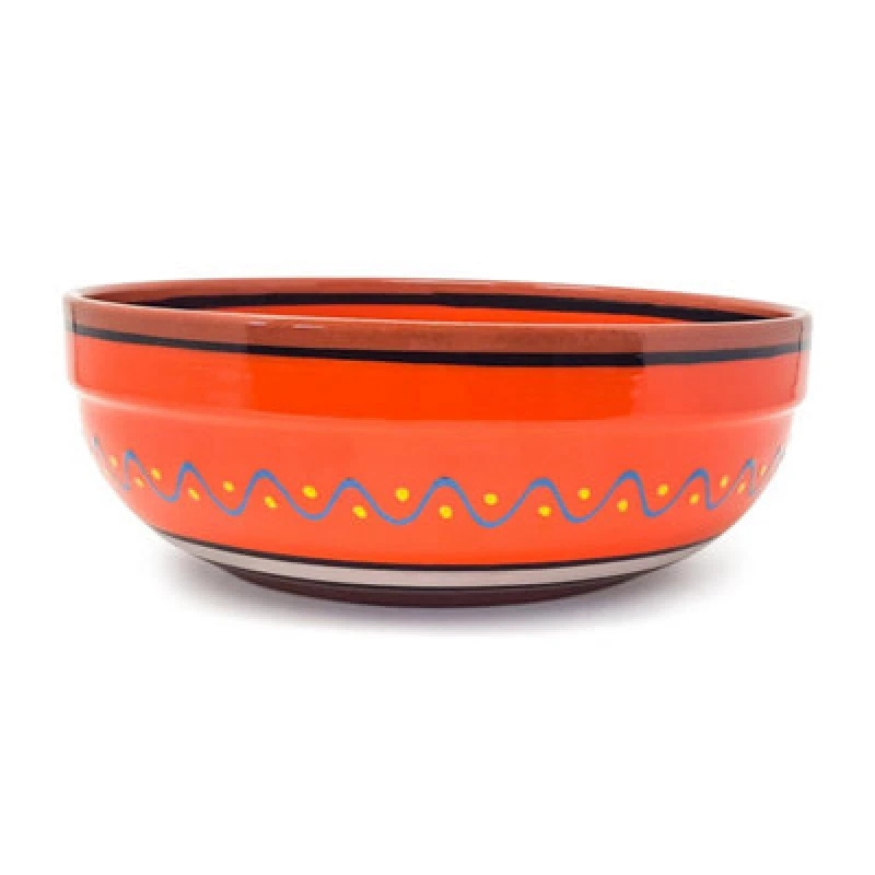Image of Verano Spanish Ceramics Fiesta Hand Painted Pattern Ceramic Kitchen Dining Deep Salad Bowl Orange (Diam) 26Cm