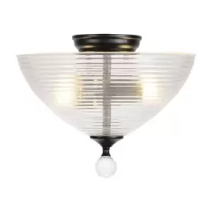 Image of Luminosa Talisa 2 Light Semi Flush Ceiling Lamp E27 With Round 33.5cm Prismatic Effect Glass Shade Matt Black, Clear