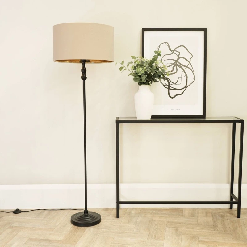 Image of ValueLights Maggie Black Metal Candlestick Floor Lamp with Beige and Metallic Gold Shade Beige