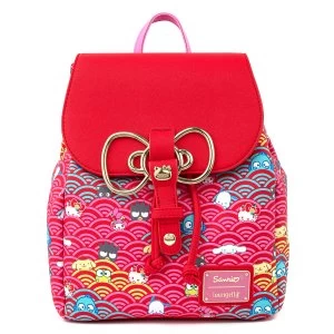 Image of Loungefly Sanrio 60th Anniversary Gold Bow AOP Mini Backpack