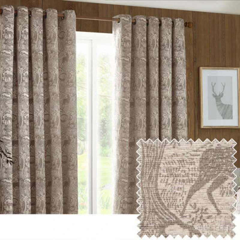Image of Winter Woods Animal Chenille Eyelet Curtains Taupe, Taupe / 117 x 183cm