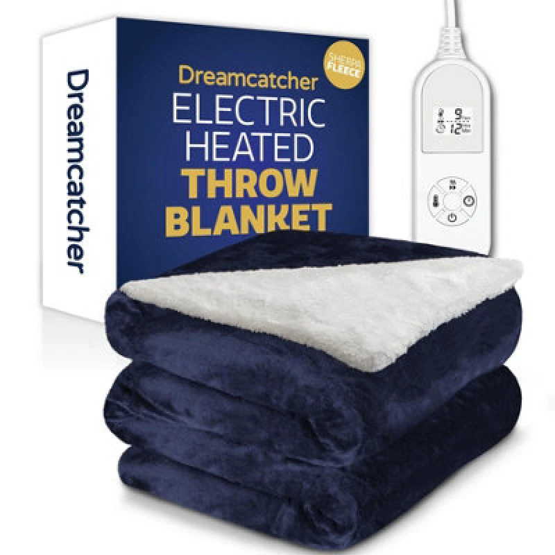 Image of Dreamcatcher Sherpa Fleece Electric Heated Throw Over Blanket Double Polyester 160Cm X 120Cm Navy Blue