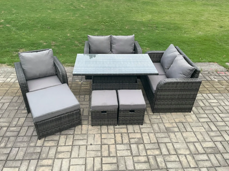 Image of Fimous Rattan Furniture Garden Dining Set Outdoor Height Adjustable Rising lifting Table Love Sofa Chair With 3 Footstools Dark Grey