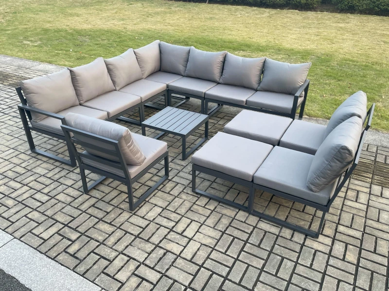Image of Fimous 12 Seater Outdoor Aluminium Garden Furniture Set Corner Lounge Sofa Set with Square Coffee Table 2 Big Footstools Dark Grey Dark Grey Unisex