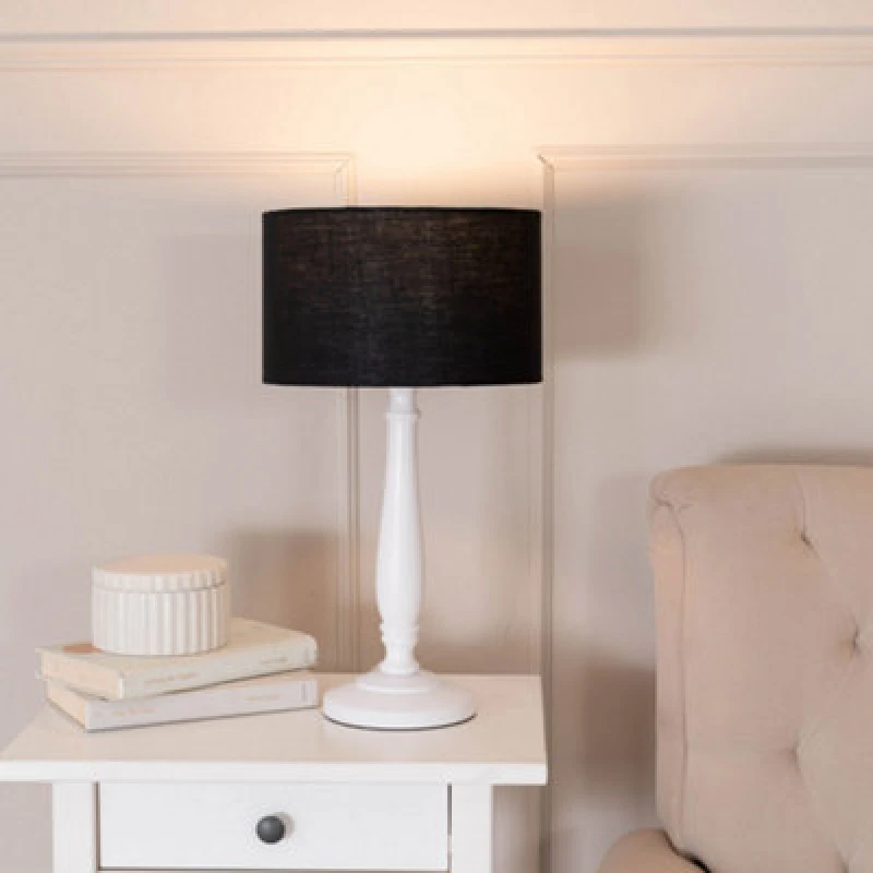 Image of ValueLights Victoria White Wood Traditional Stem Table Lamp with Fabric Drum Shade Black