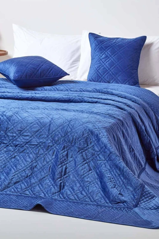 Image of Homescapes Luxury Quilted Velvet Bedspread Geometric Pattern Throw Navy